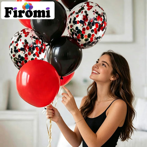 Firomi Red and Black Latex Balloons 12 Inch 70 pack Set (with 2 Ribbons)