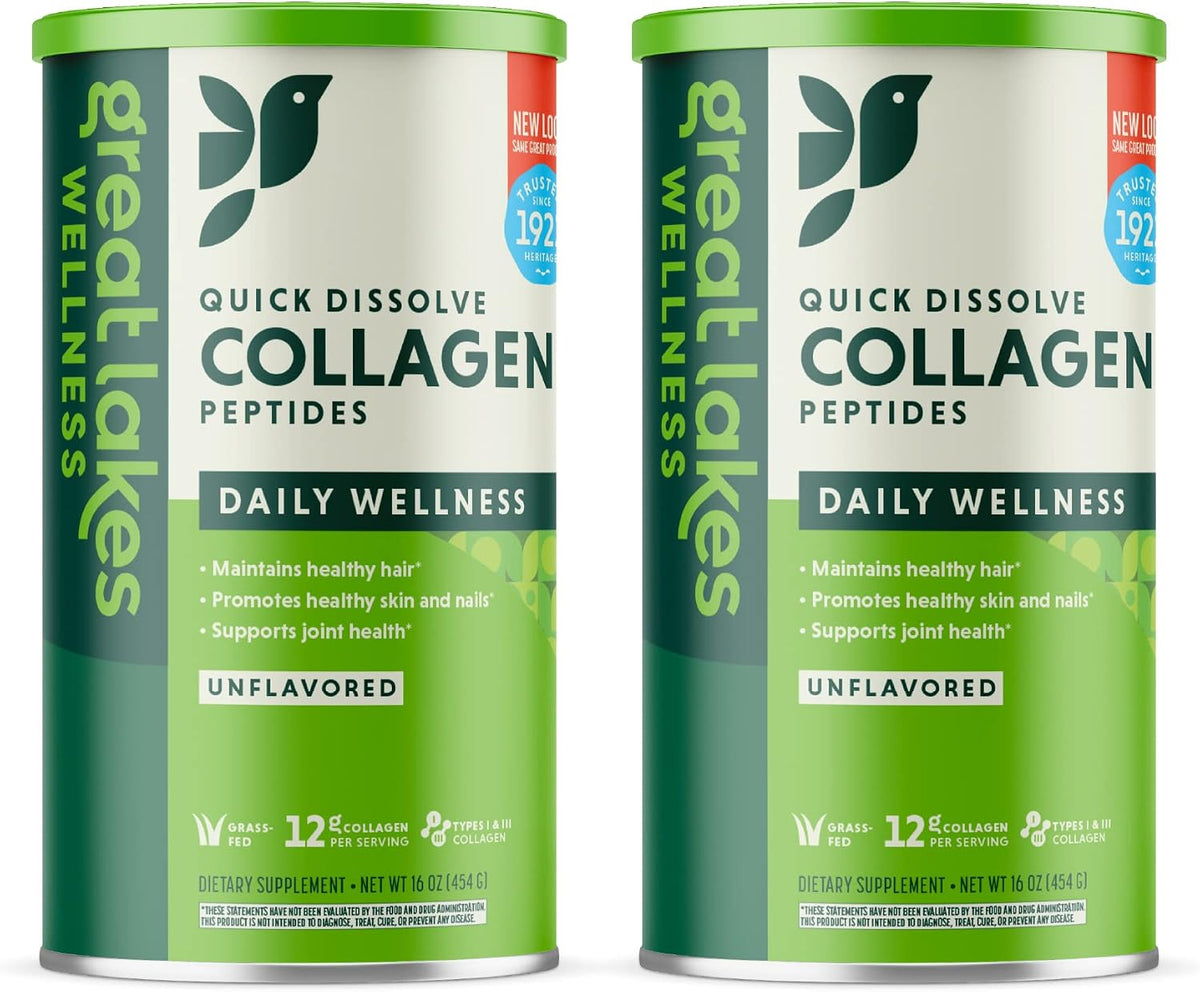 Great Lakes Wellness Collagen Peptides Powder for Skin, Hair, Nails, Joints & Digestion - Unflavored - Quick Dissolve Hydrolyzed, Non-GMO, Keto, Kosher - 16 oz - 2 Pack