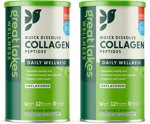 Great Lakes Wellness Collagen Peptides Powder for Skin, Hair, Nails, Joints & Digestion - Unflavored - Quick Dissolve Hydrolyzed, Non-GMO, Keto, Kosher - 16 oz - 2 Pack