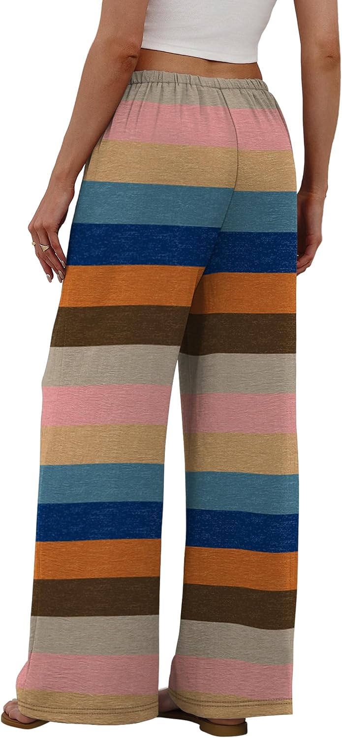Sampeel Wide Leg Pants for Women Flowy Palazzo Drawstring Elastic Waist Trousers with Pockets Summer Beach Vacation Clothes