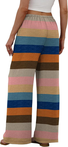 Sampeel Wide Leg Pants for Women Flowy Palazzo Drawstring Elastic Waist Trousers with Pockets Summer Beach Vacation Clothes