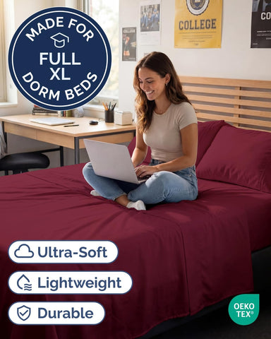 Full XL Sheets - 4 Piece Full XL Sheet Set - Cool & Breathable - Burgundy
