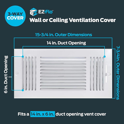 EZ-FLO 14 x 6 Inch (Duct Opening) Air Vent Cover for Wall or Ceiling, Three-Way Ventilation Register, Solid Steel HVAC Register Cover, White, 61616