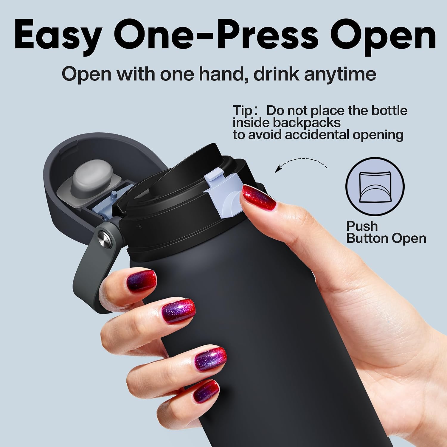 ENCOOL Insulated Water Bottle with Straw Stainless Steel Water Bottle with Push Button Lid, Leak-Proof & BPA-Free, Keeps Cold for 24 Hours for Sports, Travel, Gym (32 oz, Tuna Grey-Silver)