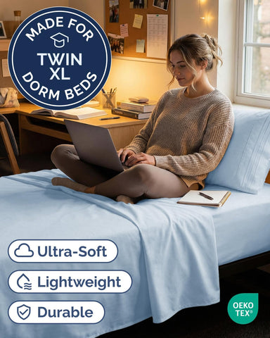 Twin XL 3 Piece Sheet Set - College Dorm Room Essentials - Sky Blue