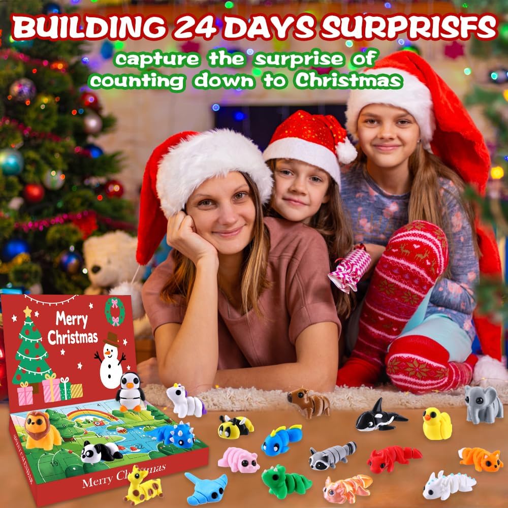 JOICEE 2026 Christmas Advent Calendar with 3D Printed Animals Fidget Toys