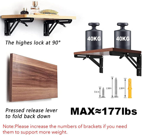 Folding Shelf Brackets 10 inch 8 Pcs - DIY Wall Mounted Shelf Bracket for Garage Workstation, Stuff Supports, Plant Stand - Heavy Duty Metal Collapsible Floating Shelf Bracket Black