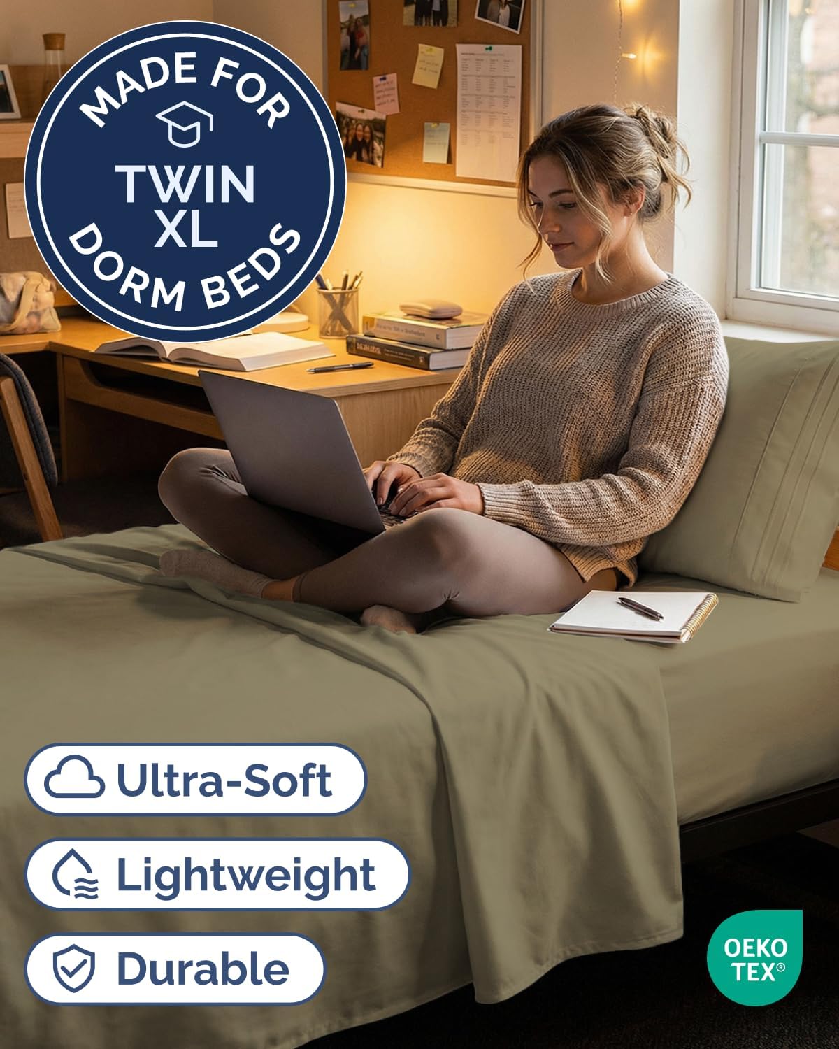 Twin XL 3 Piece Sheet Set - College Dorm Room Essentials - Khaki