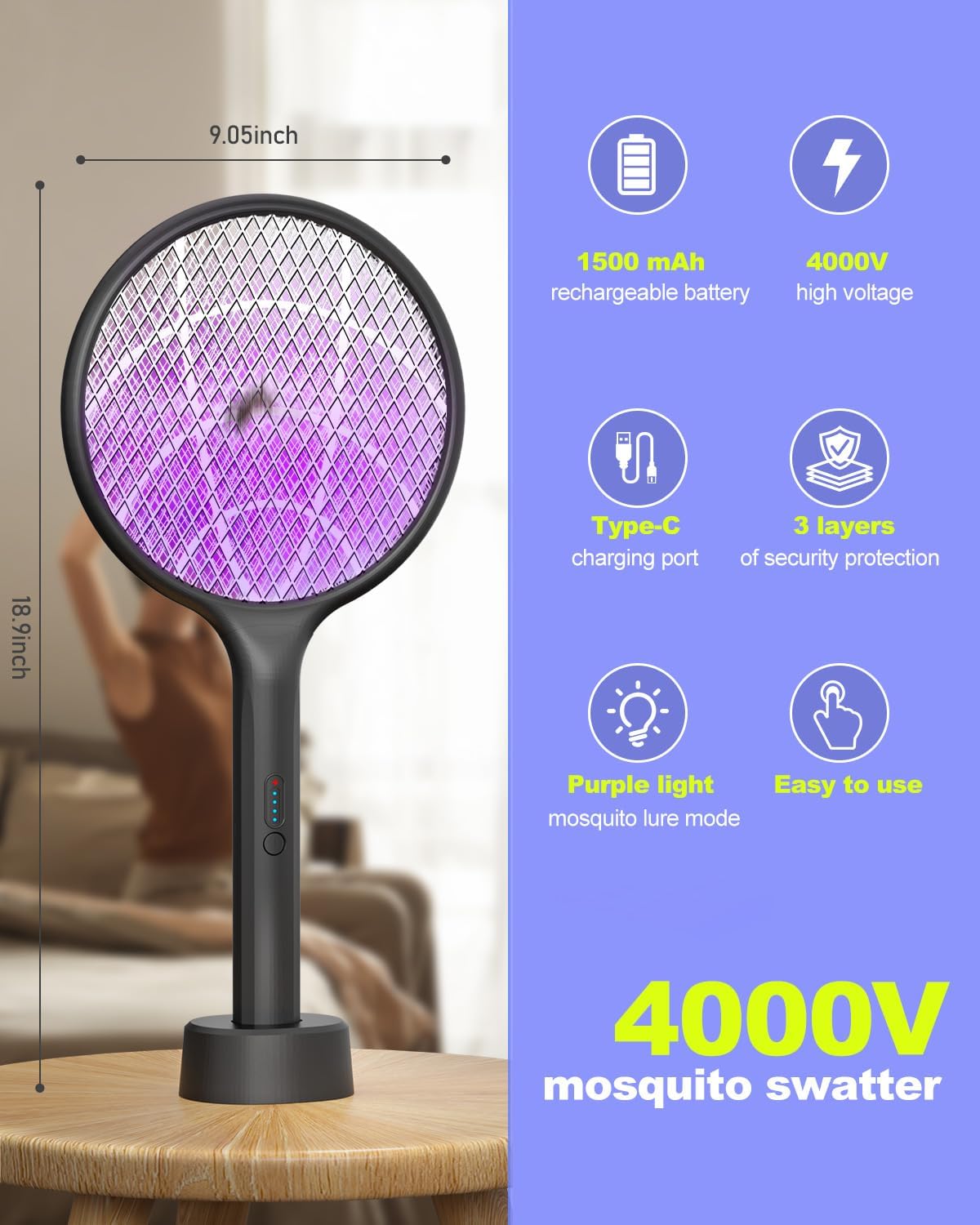 2Pack Electric Fly Swatter,4000V Bug Zapper Racket with 1500mah Battery Rechargeable,2 in 1 Fly Zapper & Purple Mosquito Killer Lamp with 3 Layers of Safety Net Suitable for Indoor and Outdoor Black
