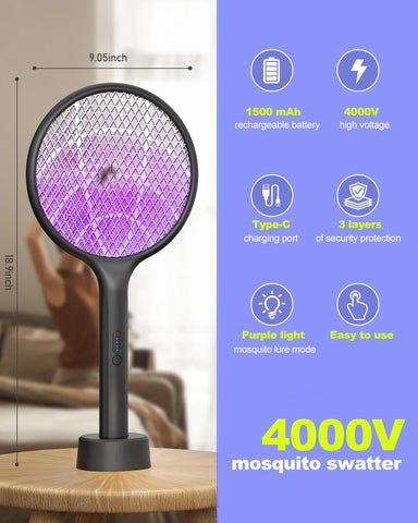2Pack Electric Fly Swatter,4000V Bug Zapper Racket with 1500mah Battery Rechargeable,2 in 1 Fly Zapper & Purple Mosquito Killer Lamp with 3 Layers of Safety Net Suitable for Indoor and Outdoor Black