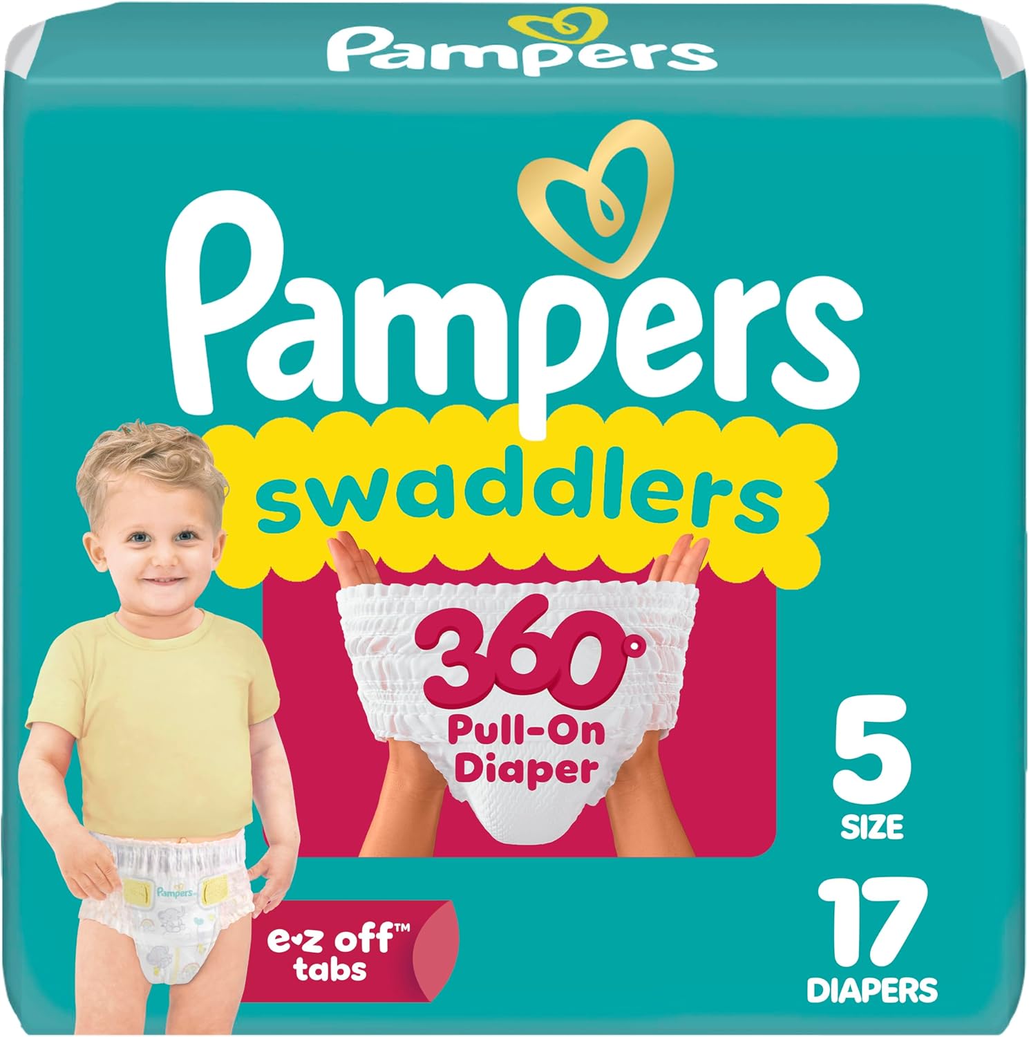 Pampers Diapers - Swaddlers 360° - Size 5, 17 Count, up to 100% Leakproof Comfy Dry Fit, Designed for Easy Changes, Pull On Baby Diaper