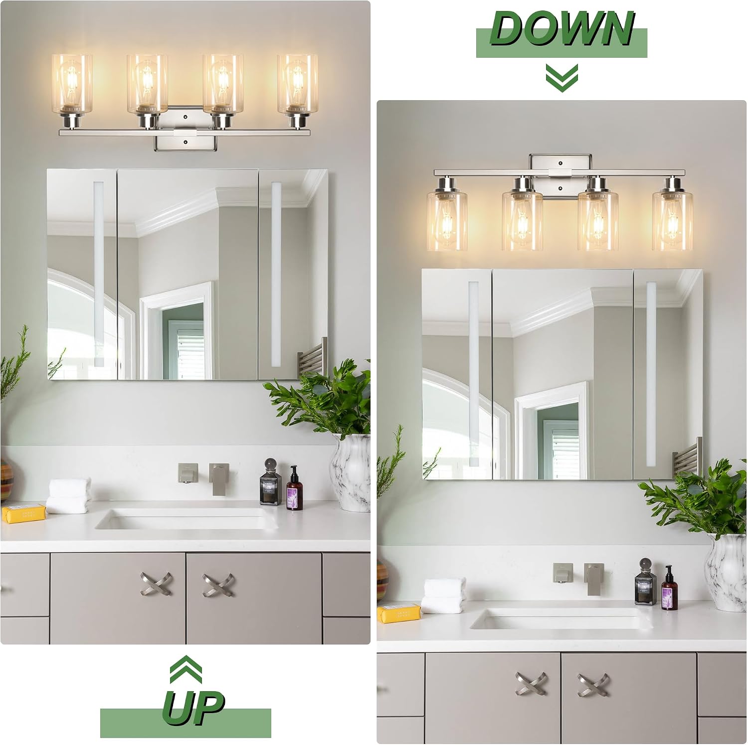 Ascher Bathroom Light Fixtures, 4-Light Vanity Lights with Clear Glass Shade, Modern Brushed Nickel Wall Light for Mirror Bedroom Hallway Cabinet Porch