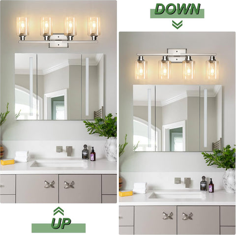 Ascher Bathroom Light Fixtures, 4-Light Vanity Lights with Clear Glass Shade, Modern Brushed Nickel Wall Light for Mirror Bedroom Hallway Cabinet Porch