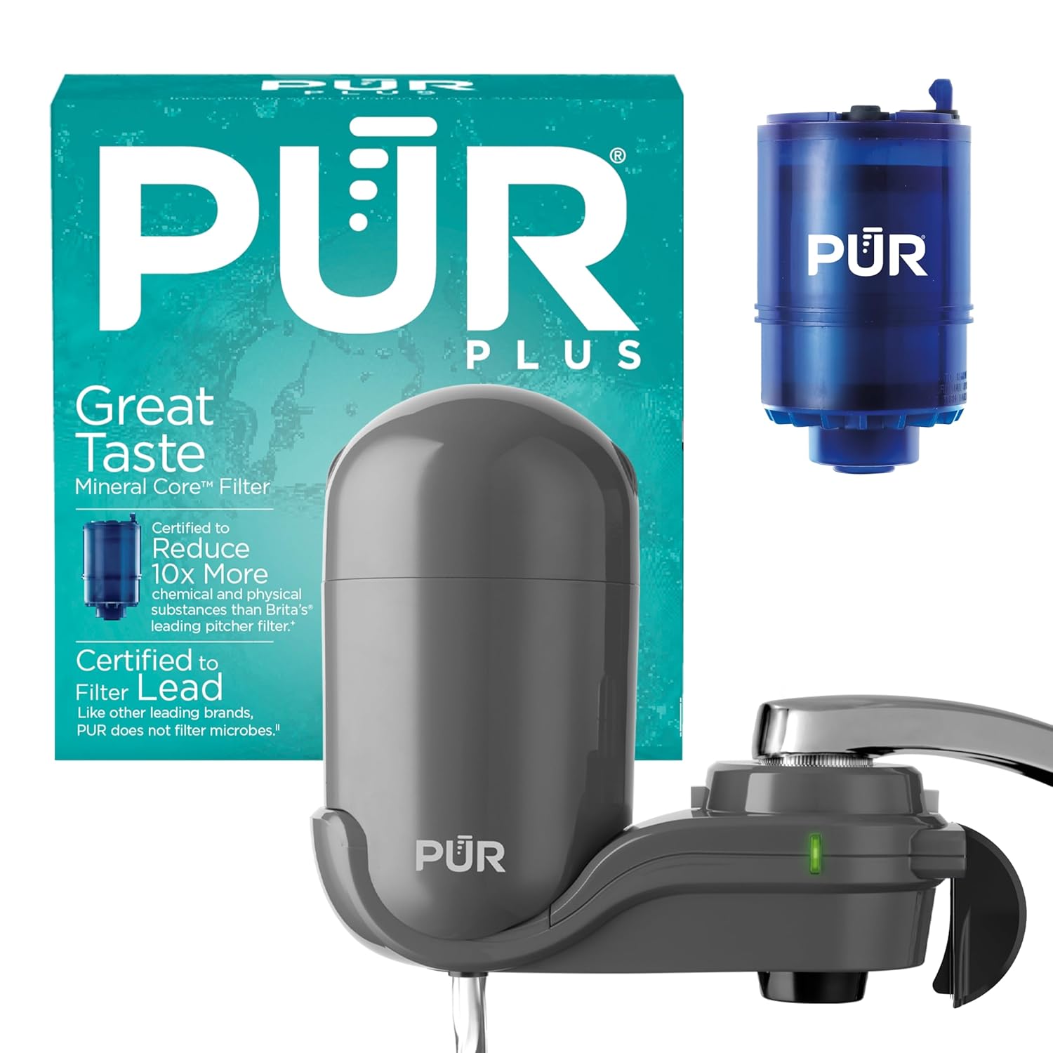 PUR Plus Faucet-Mount Water Filtration System, Lead-Reducing Filter, Grey