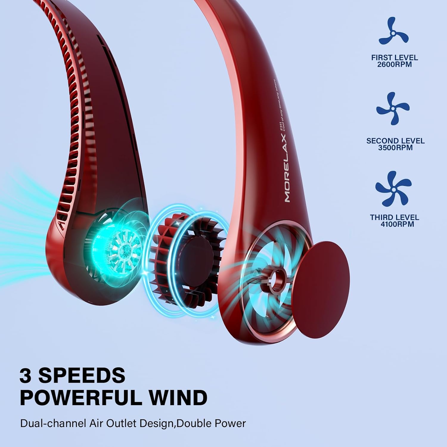 Morelax Neck Fan, USB Rechargeable Personal Fan,Hand Free Bladeless Portable Fans,4000 mAh, 3 Speeds,72 Air Faster softer 360° Cooling, Gift Suitable for Home, Office, Travel, Sports Red