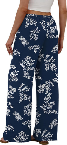 Sampeel Wide Leg Pants for Women Flowy Palazzo Drawstring Elastic Waist Trousers with Pockets Summer Beach Vacation Clothes