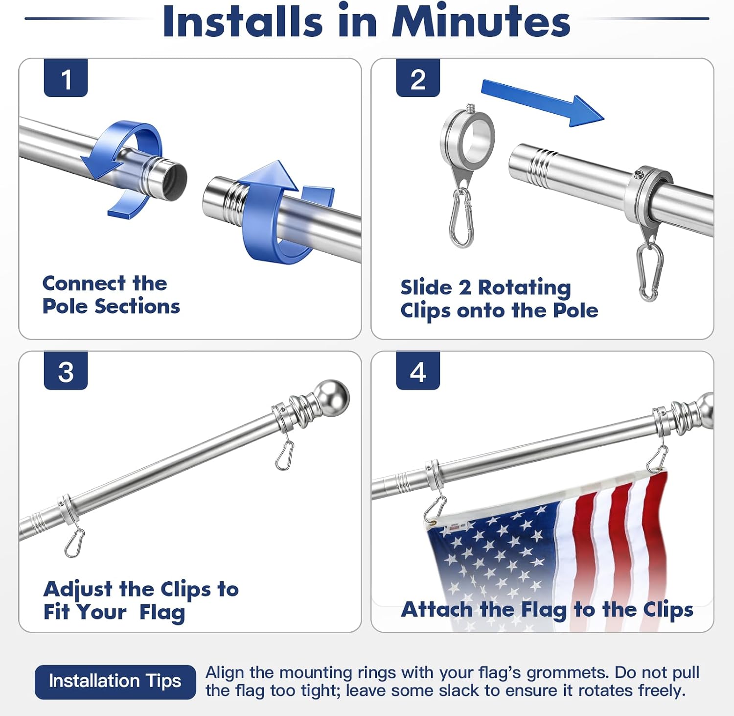 Anovo Flag Pole for Outside House - Stainless Steel 7 FT Flag Poles Kit with1 Inch Metal 360° Rotating Rustproof Flag Pole Rings for Outside House Porch 3x5 Flag Without Holder (7 FT-Sliver)