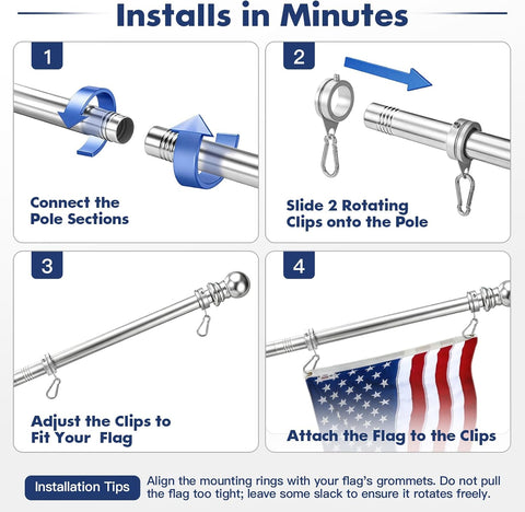 Anovo Flag Pole for Outside House - Stainless Steel 7 FT Flag Poles Kit with1 Inch Metal 360° Rotating Rustproof Flag Pole Rings for Outside House Porch 3x5 Flag Without Holder (7 FT-Sliver)