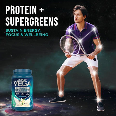 Vega Premium Protein + Supergreens, Creamy Vanilla – 20g Vegan Protein, Dairy & Gluten Free, 26.9 oz (25 Servings)