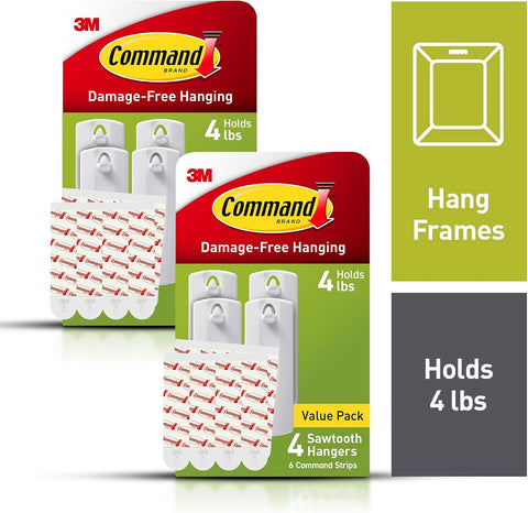 Command Sawtooth Picture Hangers, Damage Free Hanging Frame Hangers, No Tools Wall Hooks for Hanging Sawtooth Frames in Living Spaces, 8 White Picture Frame Hangers and 16 Command Strips