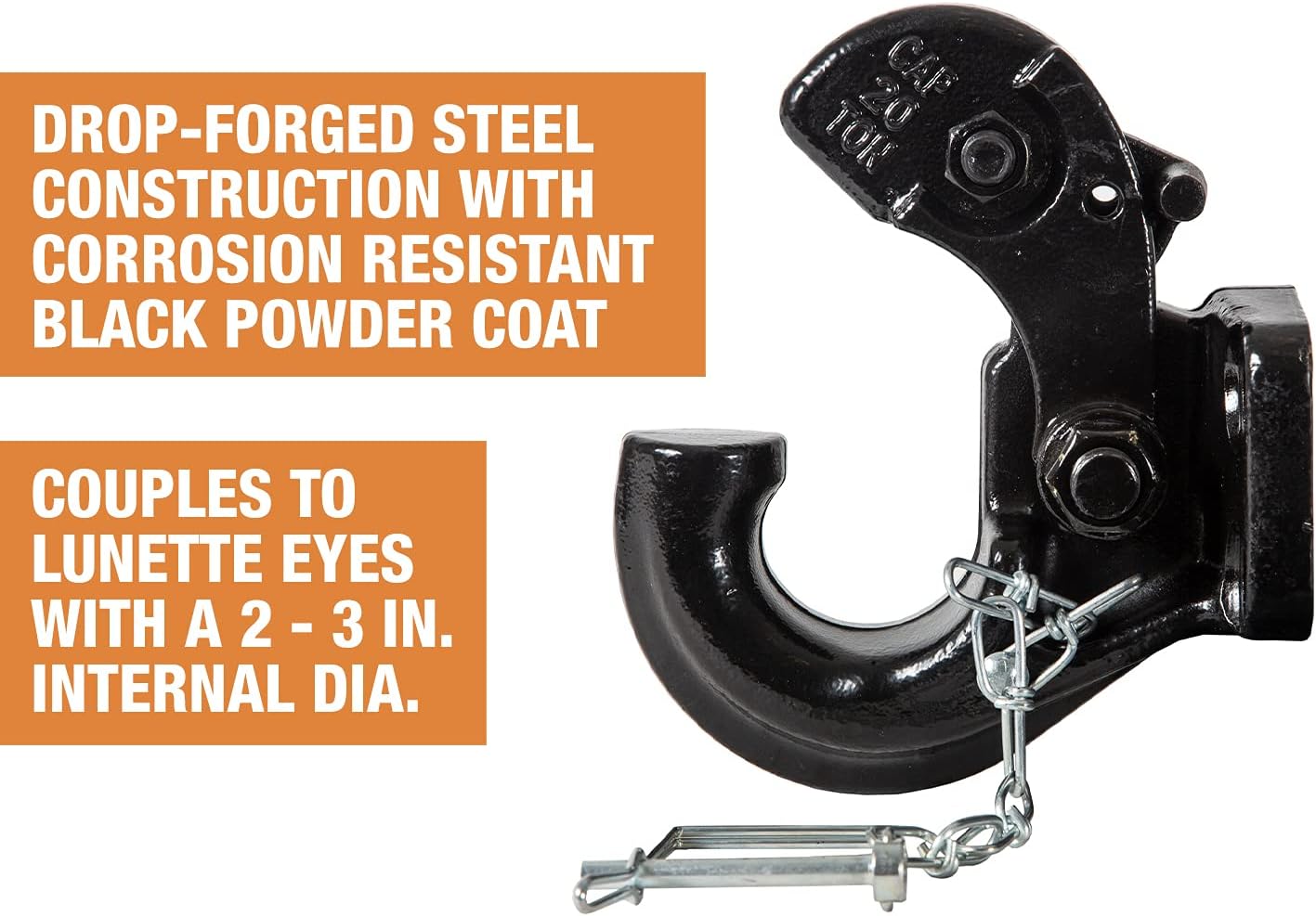 Buyers Products 10042 20 Ton Pintle Hook w/Mounting Kit, 40,000 lb MGTW, 8,000 lbs MVL, Pintle Hitch for Heavy Equipment Towing, Spring‑Loaded Lock, Fits 2–3 in Lunette Ring, Black Powder Coat