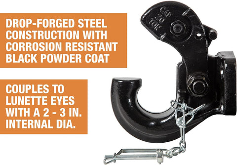 Buyers Products 10042 20 Ton Pintle Hook w/Mounting Kit, 40,000 lb MGTW, 8,000 lbs MVL, Pintle Hitch for Heavy Equipment Towing, Spring‑Loaded Lock, Fits 2–3 in Lunette Ring, Black Powder Coat