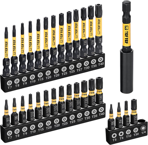 TGFTGF Impact Torx Bit Set 31PCS (T5 T6, TT7-TT40), 1” 2” S2 Steel Security Torx, Tamper Proof Star Bit Set with Magnetic CNC Machined Tips, Impact Screwdriver Bits with Bit Holder Storage Case