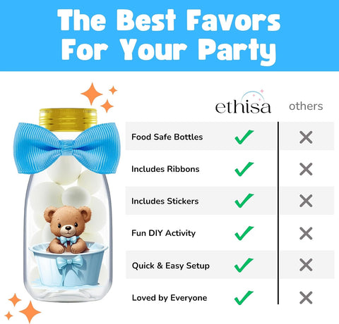 Ethisa Small 12 Pack We Can Bearly Wait Party Favors for Boy - Candy Jars with Bowties and Stickers - DIY Party Decoration Bottles for Baby Shower and Gender Reveal - Blue Teddy Bear Table Centerpiece