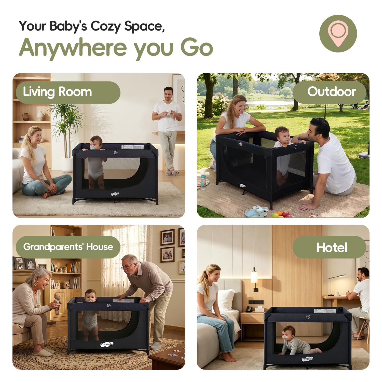 Pamo Babe Pack and Play Portable Baby Crib Foldable Playard Leightweight Travel Playpen for Tooddlers and Infant Black