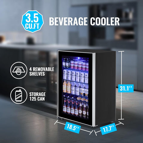 3.5 Cu.ft Beverage Refrigerator Cooler with 125 Can, Mini Fridge with LED Light for Soda Beer or Cans Beverage Temp Digital Display Adjustable Shelves Suit for Home, Office, Dorm