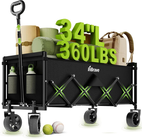 34" Extra Long Collapsible Wagon Cart, 360LBS Capacity, Black