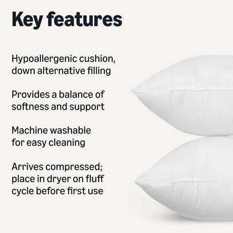 Amazon Basics Square Hypoallergenic Pillow Insert, Down Alternative Fiberfill, Sofa Bed Couch Decorative Stuffer, 18", 2-Pack