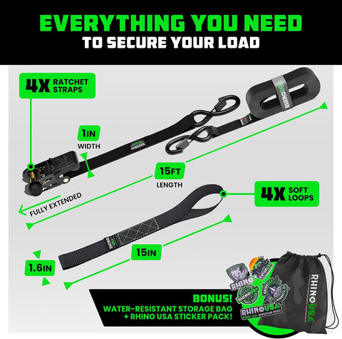 Rhino USA Ratchet Straps Tie Downs (4-Pack) - 1in x 15ft with S Hooks