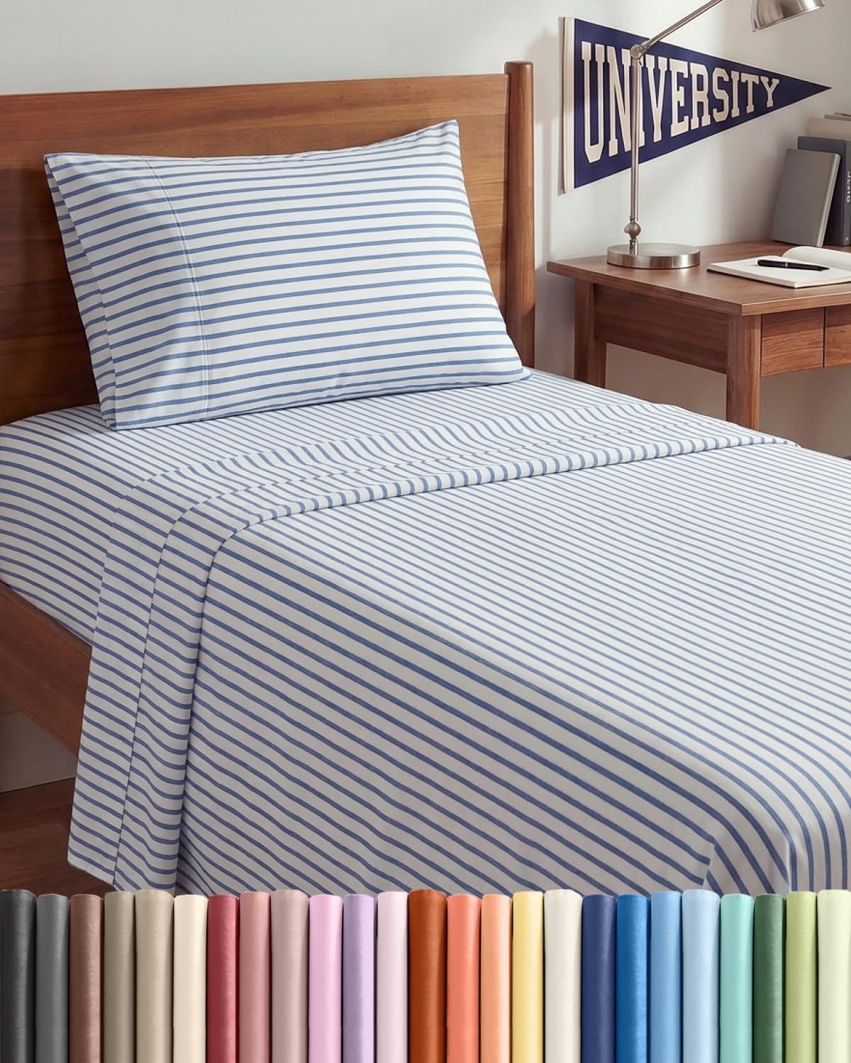 Twin XL 3 Piece Sheet Set - College Dorm Room Essentials - Blue Stripes