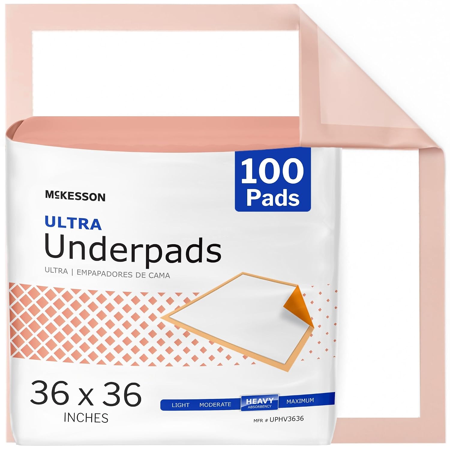 McKesson Underpads Bed Pads, Heavy Absorbency, Peach, 36 x 36 in, 100 ct