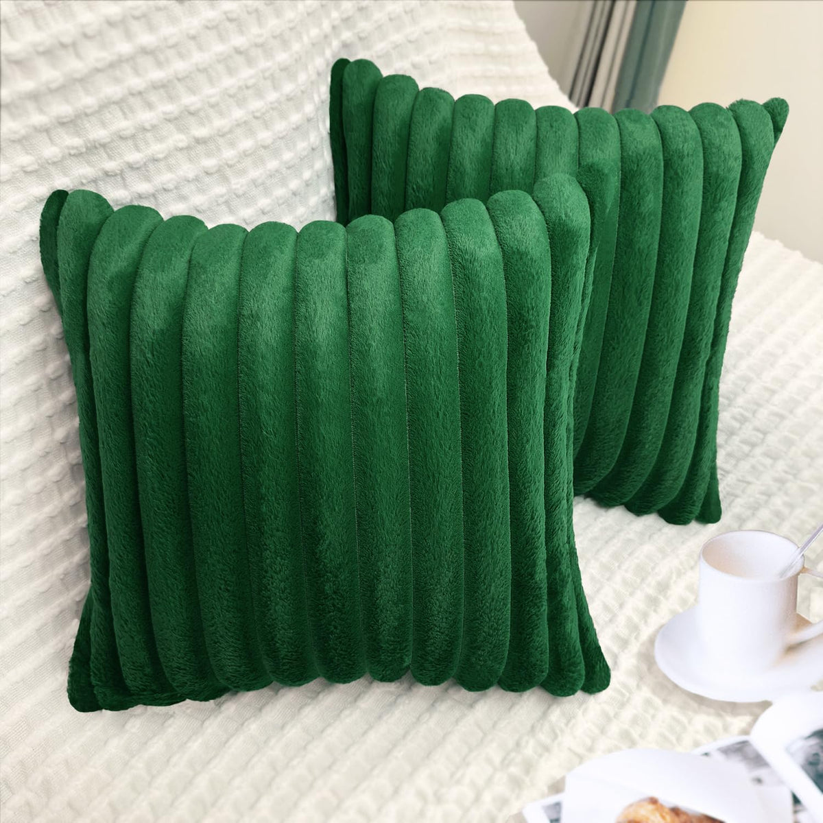 2 Pack 24x24 Pillow Cover Velvet Pillow Covers, Faux Fur Square Throw Pillow Covers for Living Room Decorations Throw Pillow Case, Throw Pillow Cover Cushion Cover for Sofa Bedroom Car, Dark Green