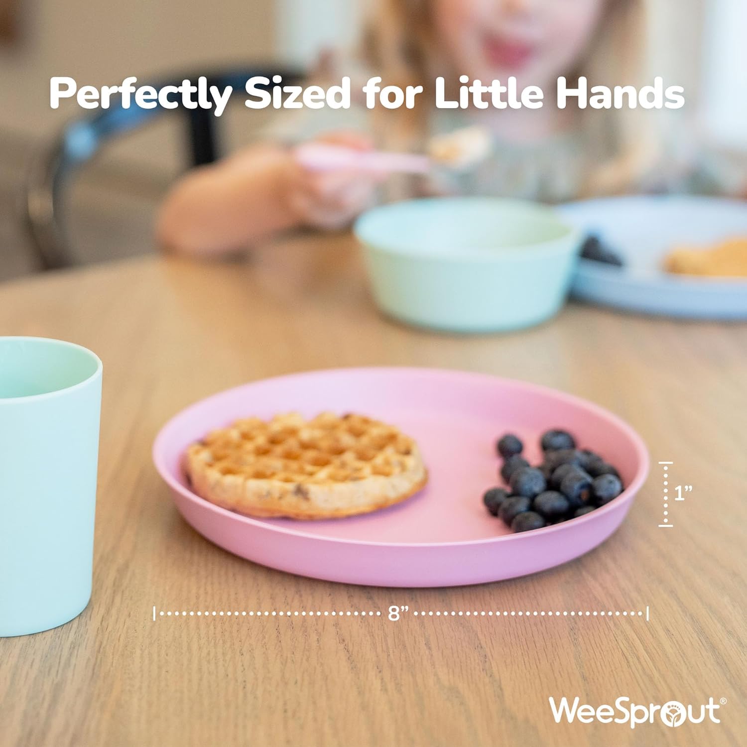 WeeSprout Bamboo Plates, Set of 4, Kid-Sized Dinnerware, Dishwasher Safe Melamine Dishware (Pastel Blue, Mint, Purple & Pink, Without Lids)