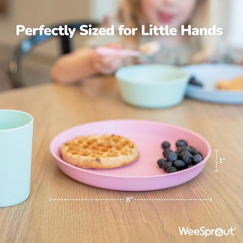 WeeSprout Bamboo Plates, Set of 4, Kid-Sized Dinnerware, Dishwasher Safe Melamine Dishware (Pastel Blue, Mint, Purple & Pink, Without Lids)