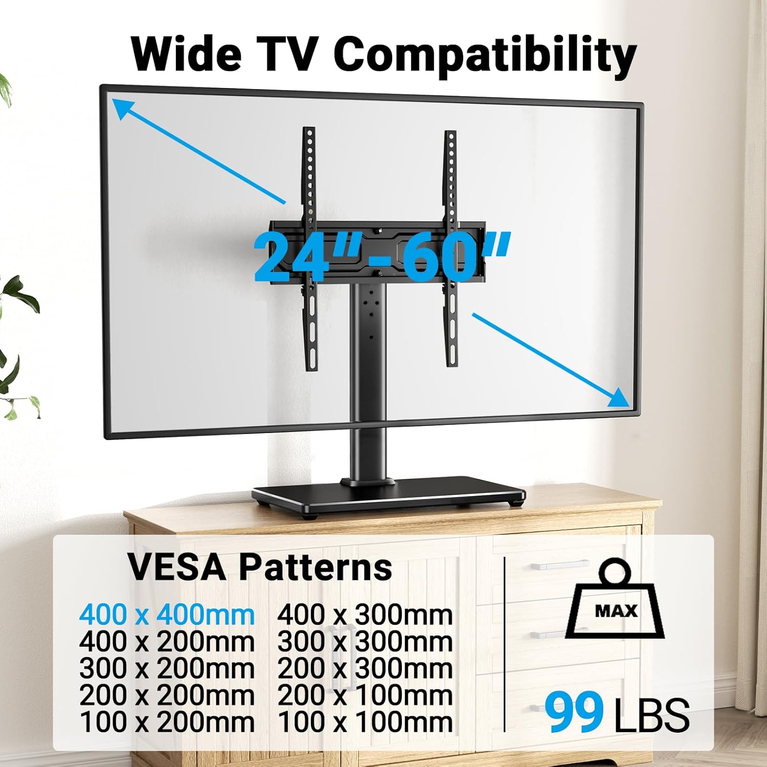 PERLESMITH Universal Swivel TV Stand for 24-60 inch TVs up to 99 lbs, 12 Height Adjustable Table Top TV Stand, TV Base Stand with Tempered Glass Base, Max VESA 400x400mm, PSTVS33