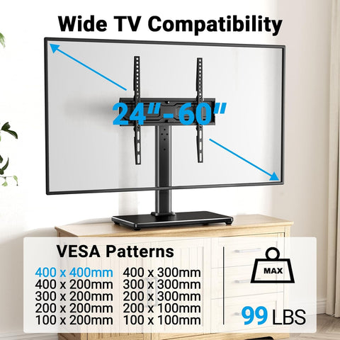 PERLESMITH Universal Swivel TV Stand for 24-60 inch TVs up to 99 lbs, 12 Height Adjustable Table Top TV Stand, TV Base Stand with Tempered Glass Base, Max VESA 400x400mm, PSTVS33