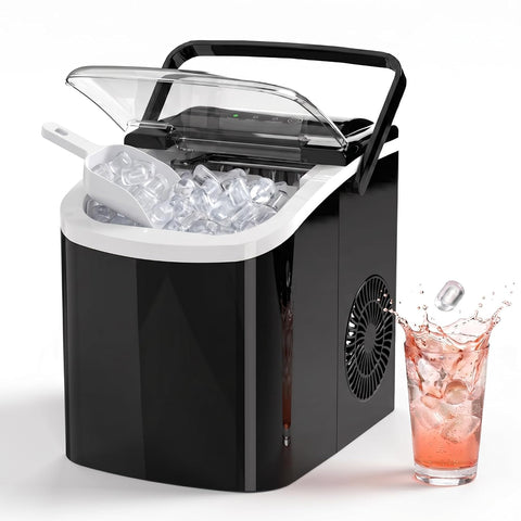 Portable Ice Maker with Handle, 26.5 lbs/Day Countertop Bullet Ice Maker, 9 Cubes Ready in 6 Mins, 42 dB Quiet, Self-Cleaning with Viewing Window, Basket & Scoop