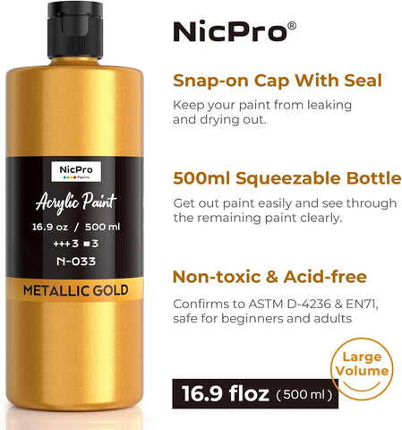 Nicpro Metallic Gold Large Acrylic Paint(16.9 oz, 500 ml), Gold Leaf Paint