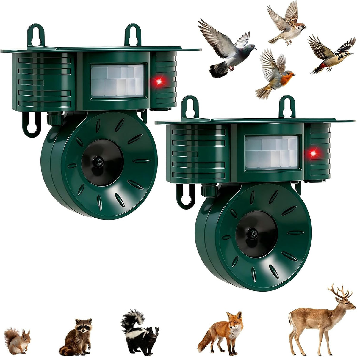 Ultrasonic Bird Deterrents for Outside, Squirrel & Pigeon & Woodpecker Repellent, Solar Powered, IP 65 Waterproof, Motion Sensor, Bird Repellent Devices Outdoor for Patio Farm Yard Orchard, 2 Pack