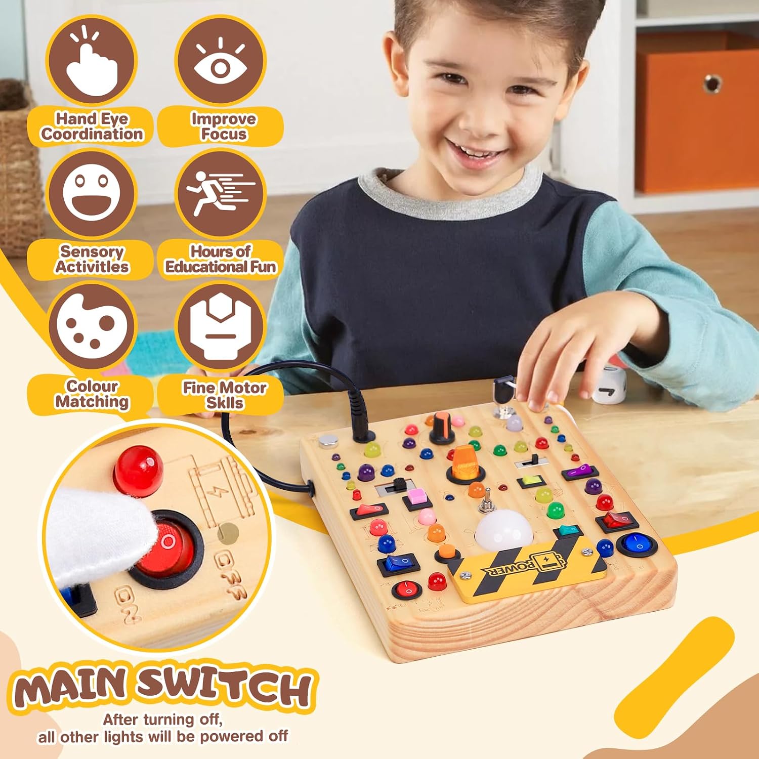 Busy Board with LED Light Switches, Montessori Toys for 1 2 3 Years Old, Toddlers Wooden Toy Sensory Activity Board, Travel Toys for 1+ Year Old Boy & Girl Birthday Gift (19 Switches)