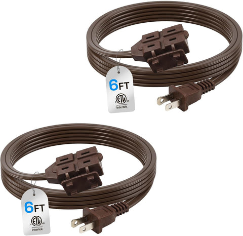 BN-LINK 6ft Indoor Extension Cord, 2 Pack, 3-Outlet Polarized Flat Cable, Household Power Cord for Home, Office, and Holiday Decorations, Brown