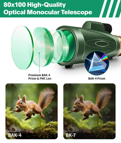 Monocular Telescope 80x100 High Power with Smartphone Adapter Tripod,Larger Vision Monoculars for Adults with BAK4 Prism & FMC Lens, Suitable for Bird Watching Hunting Hiking Camping Wildlife-Green