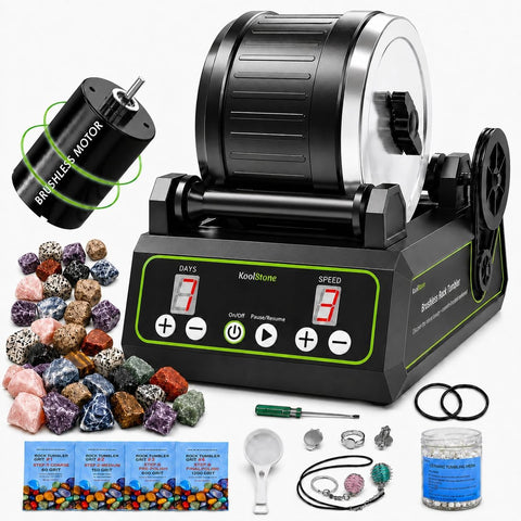 C1 Pro Brushless Rock Tumbler Kit - Professional Large 2.5LB Capacity, Up to 3X More Durable, Ultra Long Working Life Rotary Polisher with Full Accessories & Memory Function, Ideal for Adults