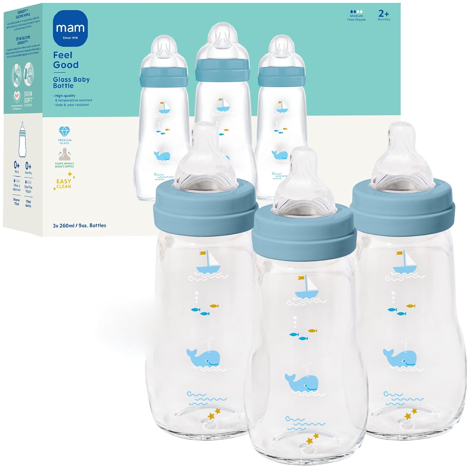 MAM 9oz Pure Glass Feel Good Anti-Colic 2+ Months Baby Bottle, Boy, 3 Count (Pack of 6)