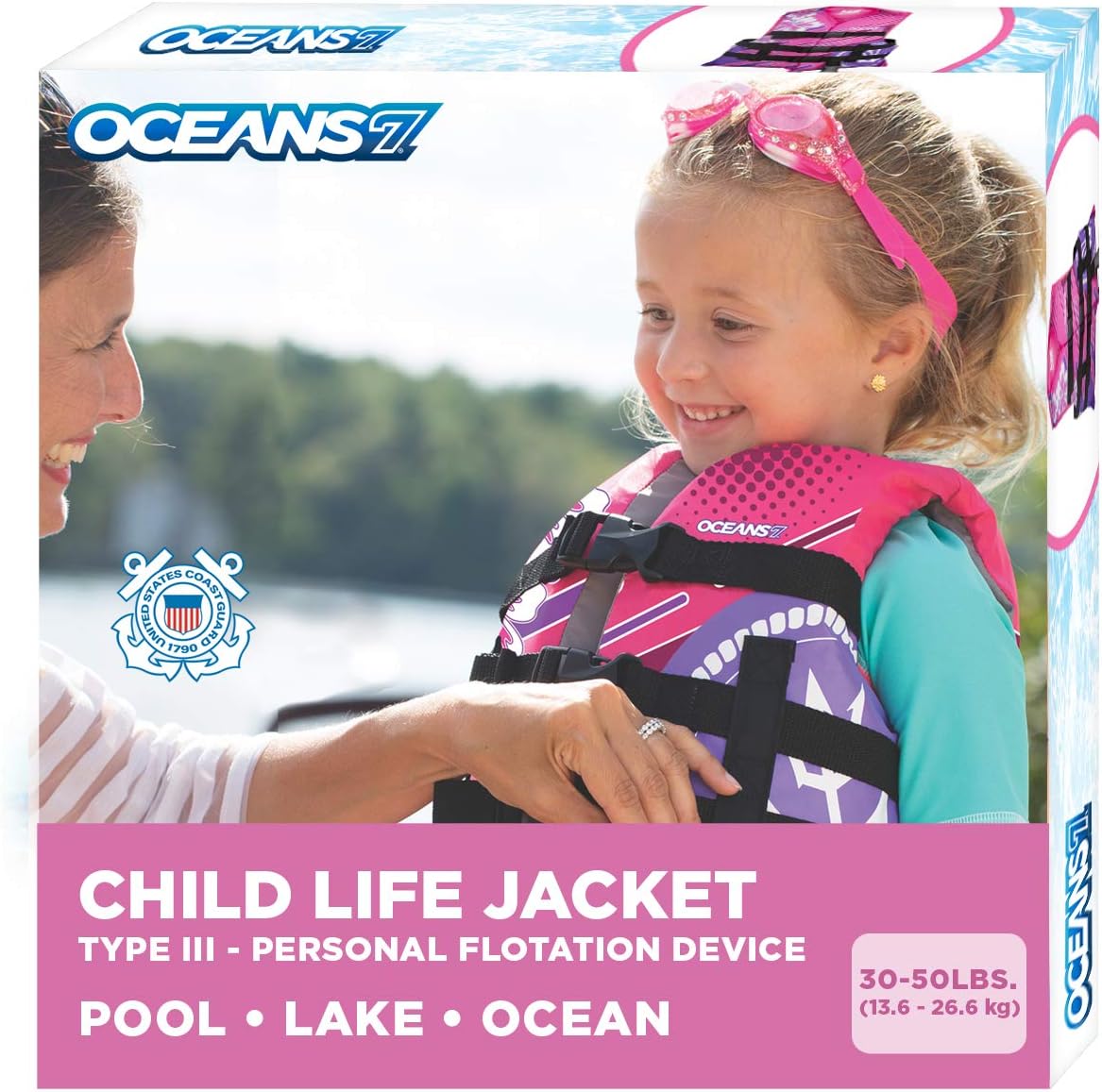 Aqua Oceans 7 Life Jacket for Kids - US Coast Guard Approved Life Vest for Infant, Child & Youth Boys and Girls, Open-Side PFD for Boating, Swimming & Water Sports