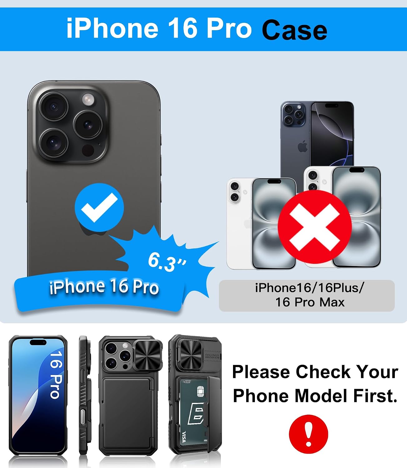 BXYJY for iPhone 16 Pro Case Wallet, Credit Card Holder (4-5 Cards), Black